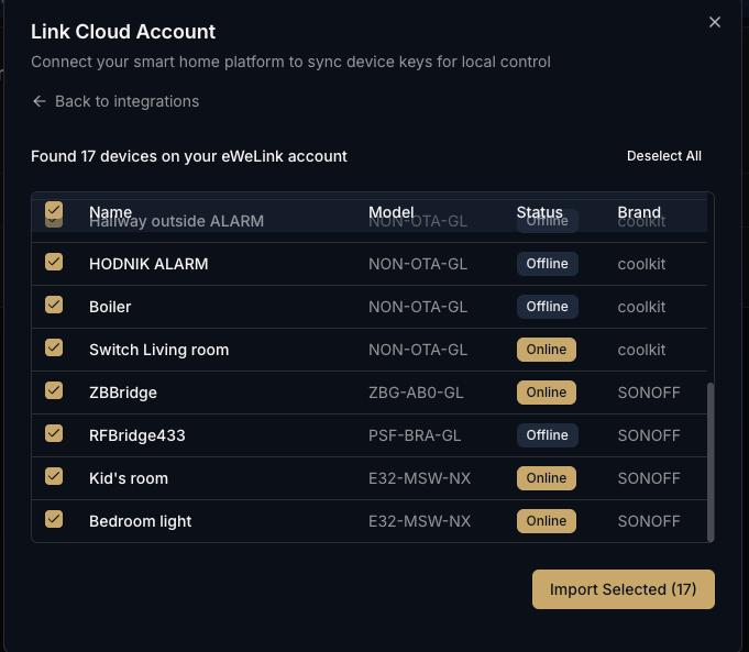 OBEDIO app - connect cloud account and import devices