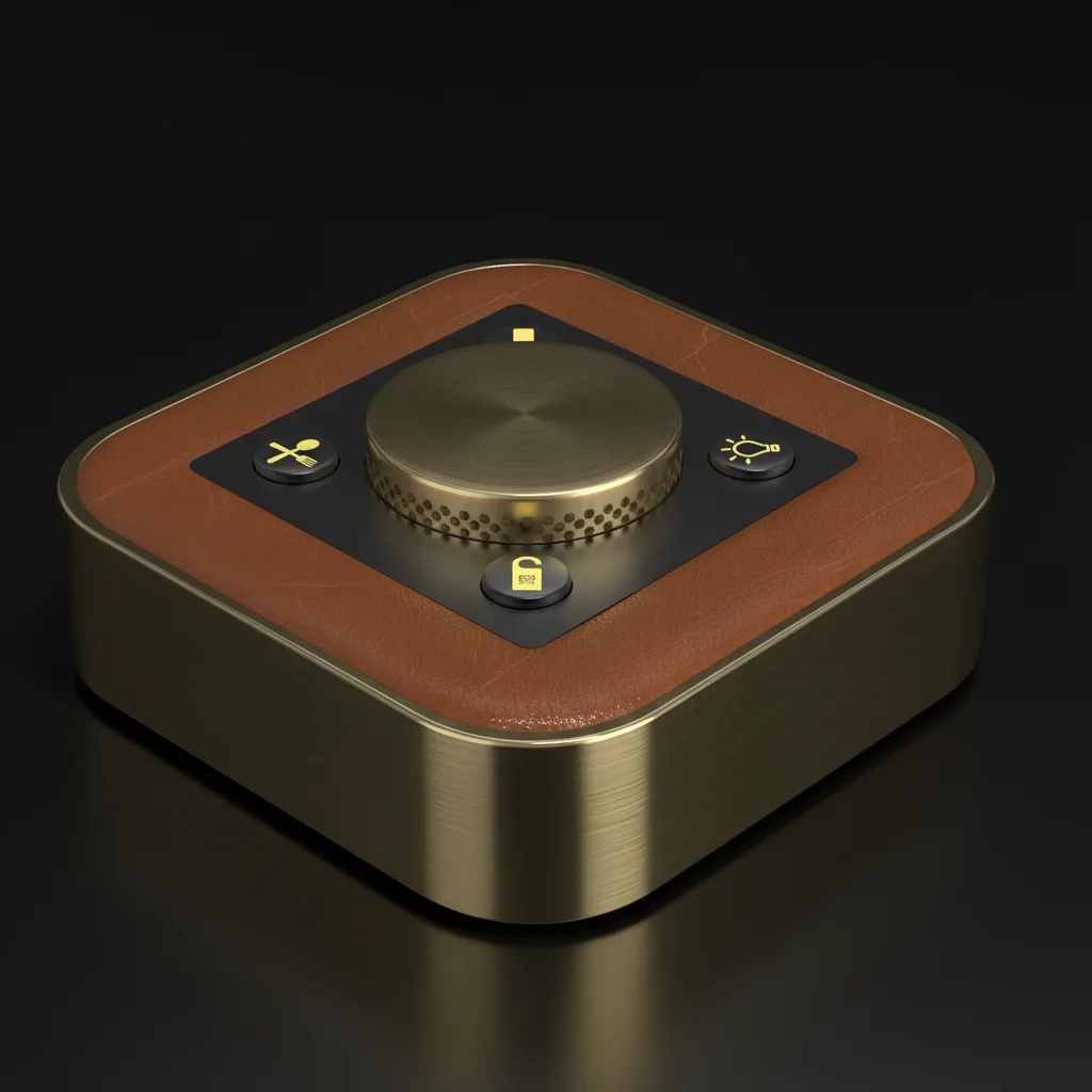 OBEDIO SmartButton - smart crew call button for superyachts with polished brass and leather inlay