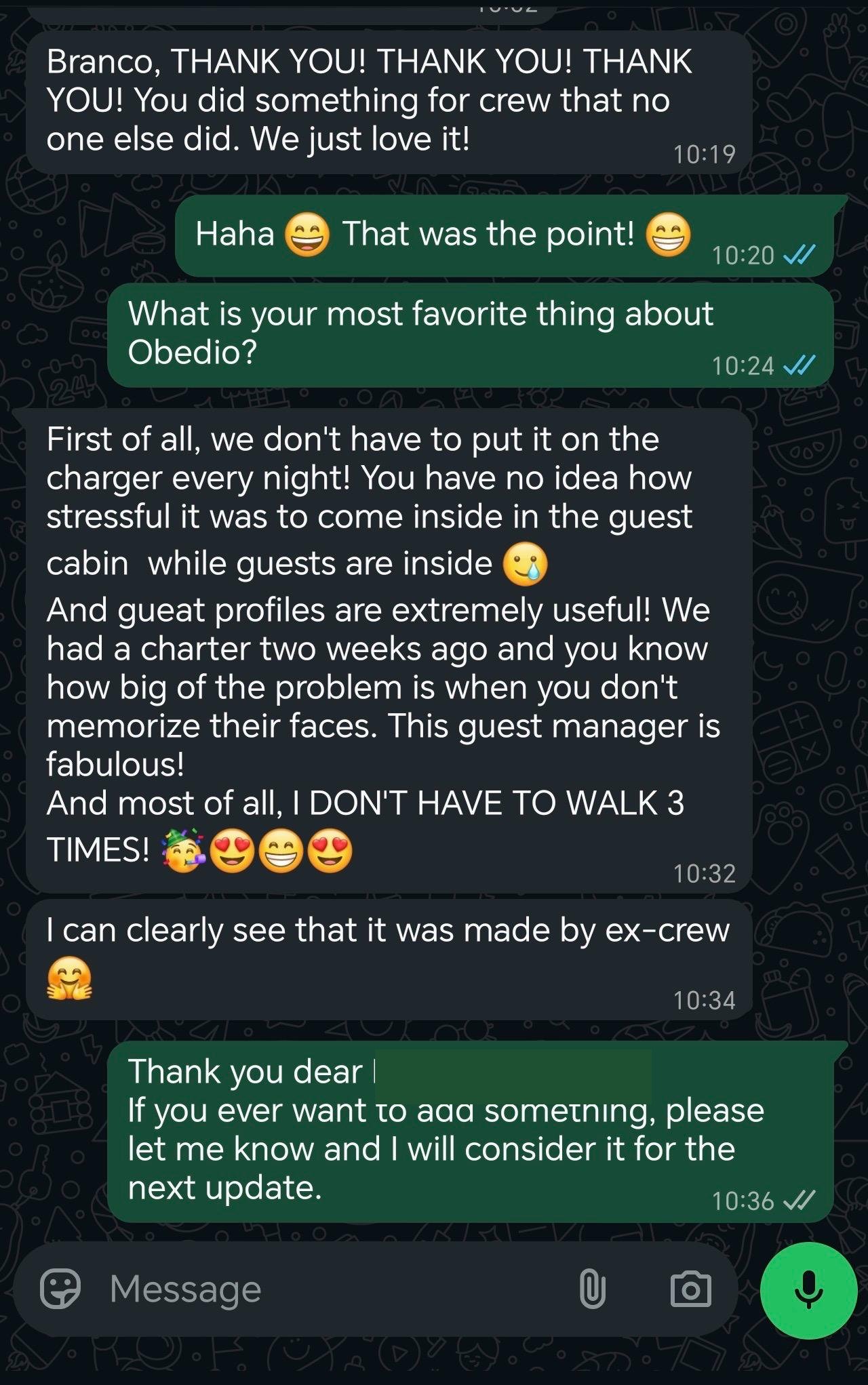 WhatsApp message testimonial